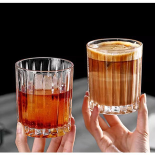 玻璃杯 Bincoo复古条纹咖啡杯冷饮杯高级感ins风水杯子家用冰美式
