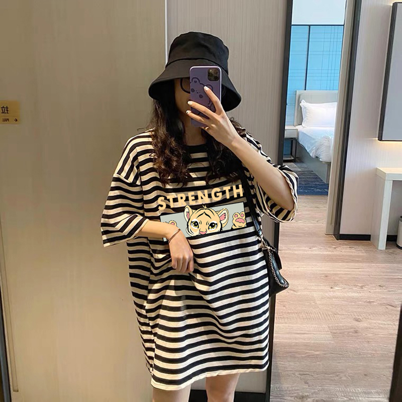 卡通纯棉宽松中长款过臀oversize大码条纹T恤女春夏新款短袖上衣