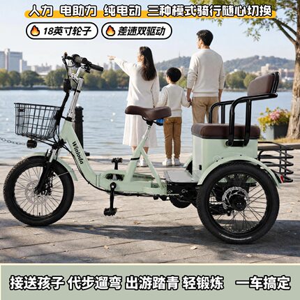 双驱动差速老年电助力三轮车家用18英寸接送孩子电动脚踏骑行车
