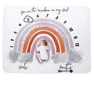 婴儿里程碑毯 彩虹月亮印花拍照背景毯法兰绒成长纪念毯 摄影道具