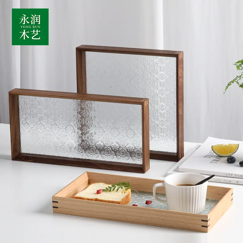【直销】复古海棠花玻璃木质托盘桌面饰品摆香薰茶海收纳茶盘木制