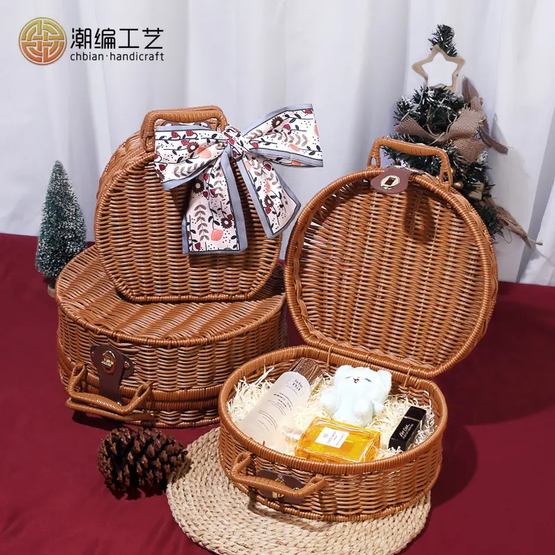 潮编工艺新款圆形藤编铁架伴手