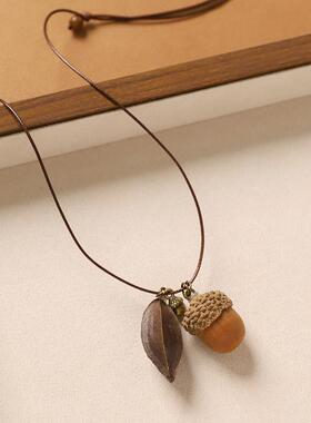 2026复古文艺天然植物果实项链森系简约编织长款干果毛衣链女橡果