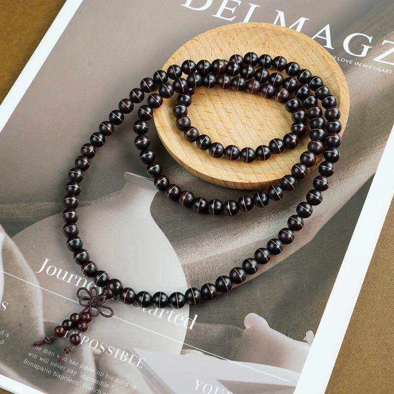 2026小叶紫檀双圈木镶银项链老山檀香手串108颗佛珠手链九眼藏式