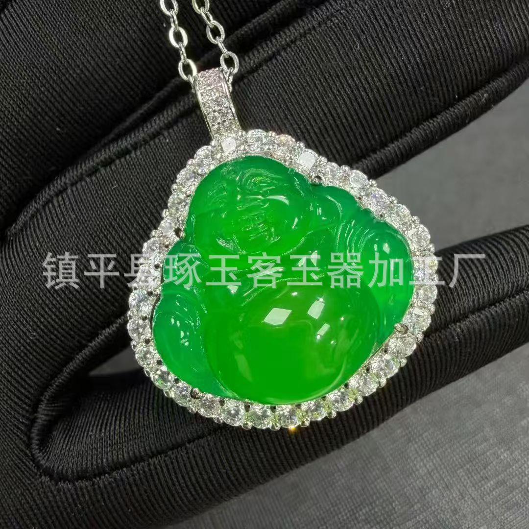 2026镀银镶嵌高冰帝王绿玉髓佛公吊坠翡翠阳绿色玉石弥勒佛项链吊
