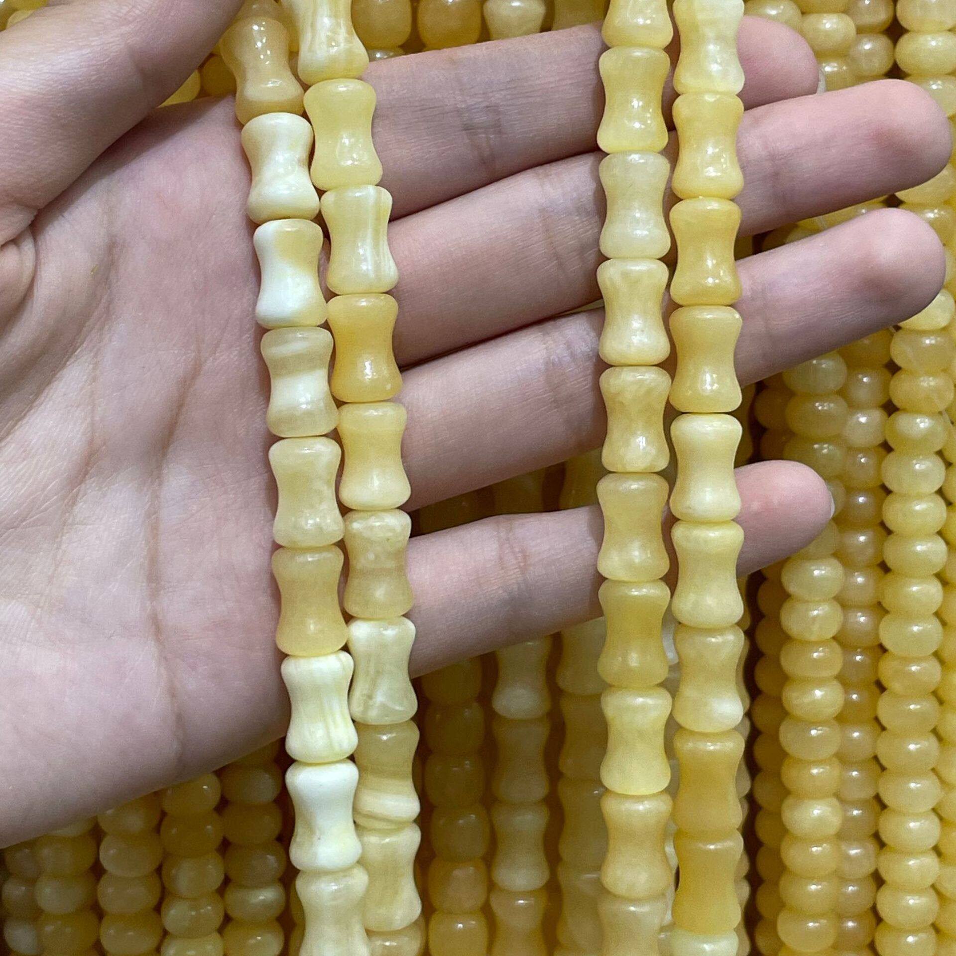 20268*12mm纯天然一级米黄玉竹节通孔散珠半成品DIY项链手链配珠