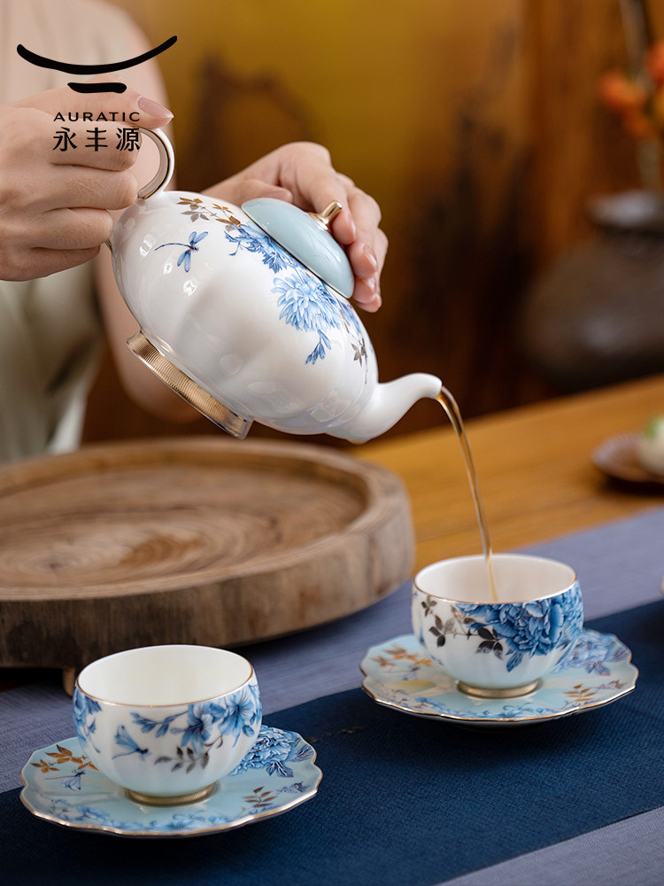 永丰源白金蓝白六头陶瓷茶具高端茶壶茶杯二人礼盒