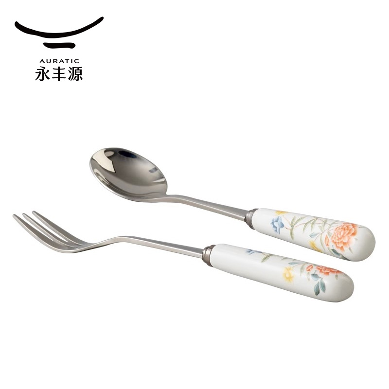 永丰源月亮时光2头勺子叉子 陶瓷调羹咖啡勺水果点心叉勺