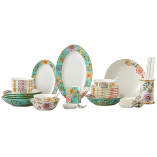 永丰源春暖花开44头餐具陶瓷碗盘碟套装结婚乔迁礼品6人份