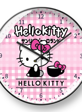 粉色女生可爱kt猫石英钟卡通童趣凯蒂猫儿童房挂钟好看自动对时画