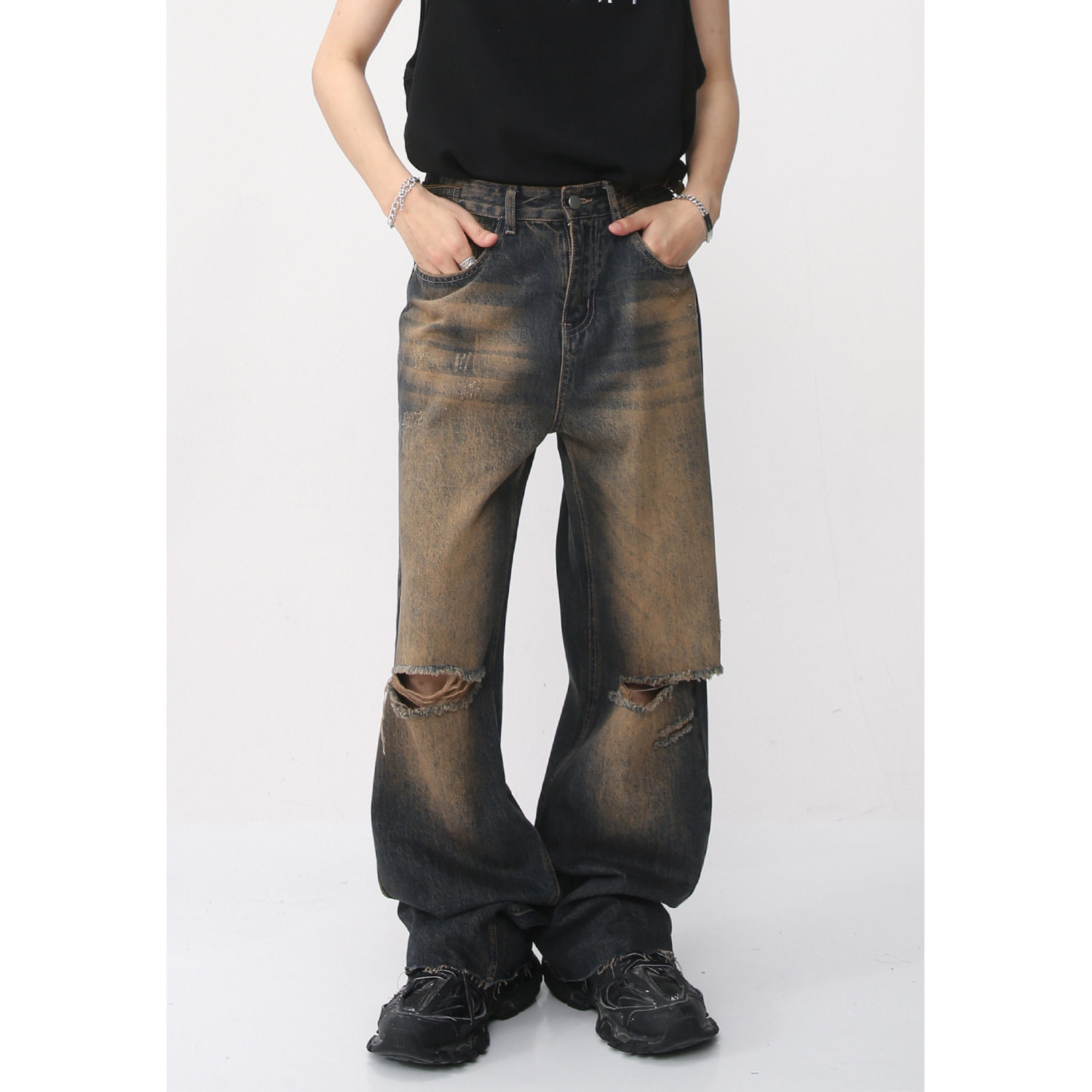 Ripped Jeans2023夏款新品港风复古做旧铁锈土色破洞毛边牛仔裤男