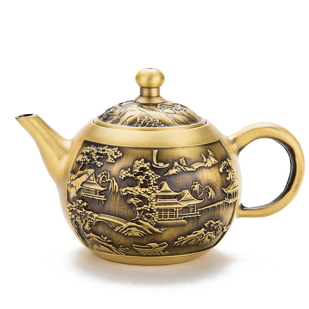 黄铜拉丝铜壶山水茶壶铜茶壶家居创意铜器摆件金属黄铜茶壶工艺品