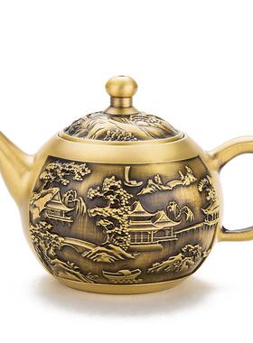 黄铜拉丝铜壶山水茶壶铜茶壶家居创意铜器摆件金属黄铜茶壶工艺品