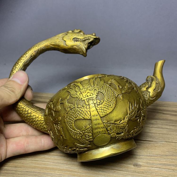 茶壶仿古纯铜龙头壶功夫茶具收藏品古玩杂项招财双龙吸财茶壶摆件