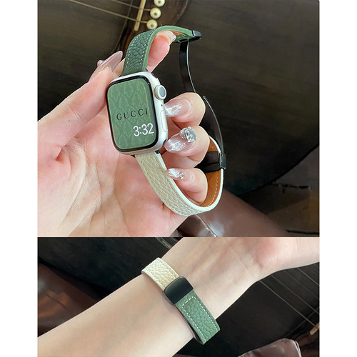 细款荔枝纹真皮磁吸扣女款适用iwatch10苹果表带applewatch9876se
