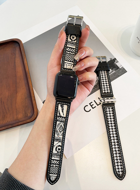新款复古真皮拼帆布适用iwatch10苹果表带applewatch987654SE男女