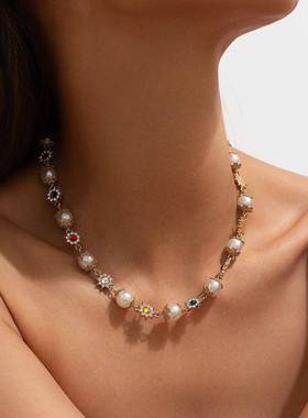 Luxury Rhinestone Imitation Pearl Beads Chain Necklace Women