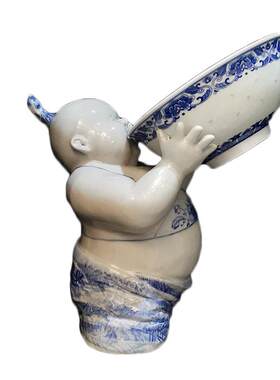 陶瓷手工绘画青花瓷花瓶摆件送礼雕娃娃桌面柜台工艺品气吞山河