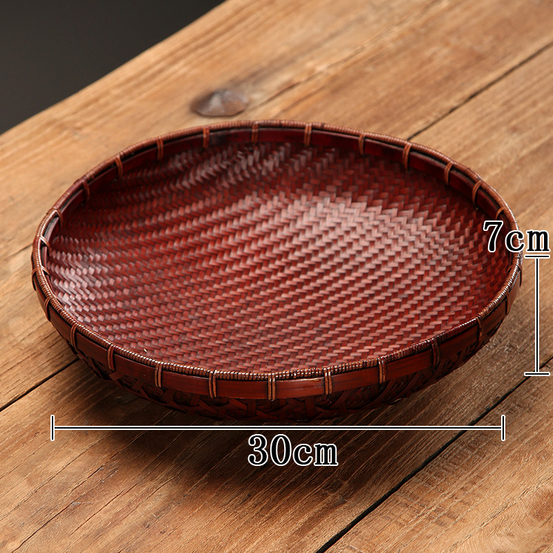 网红传统手工f竹编 碳化精编簸箕 茶道收纳 点心篮圆篮 竹盘果篮