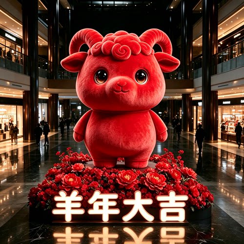 羊年大吉红色毛绒小羊美陈定制
