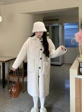 （折）Chestnut 珍珠色简约皮毛一体颗粒绒中长款翻领过膝外套