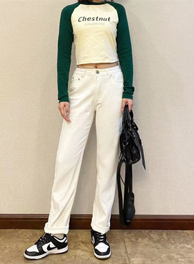 （折）「断码」 Chestnut栗之语 法式显瘦白色直筒牛仔裤