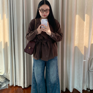 Chestnut 春秋气质系带通勤不易皱条纹衬衫上衣