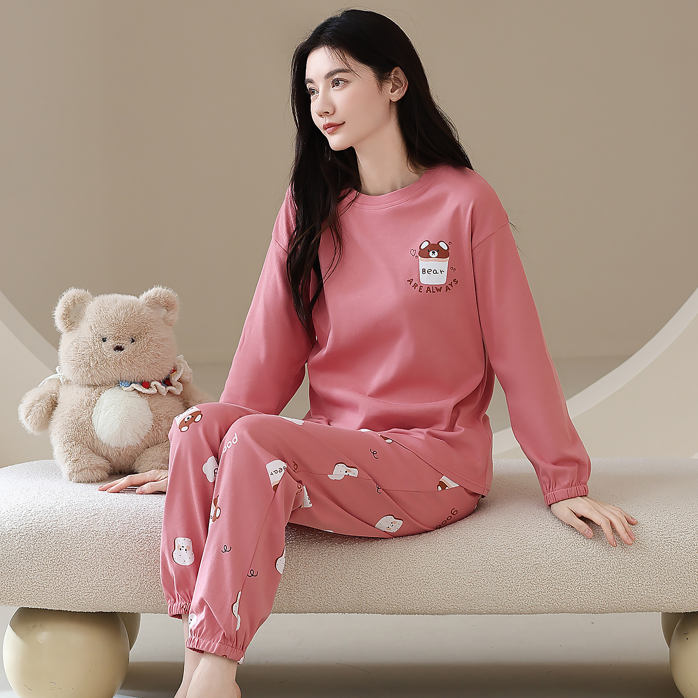 100%纯棉睡衣女秋冬季2025新款长袖束脚休闲宽松家居服可外穿套装