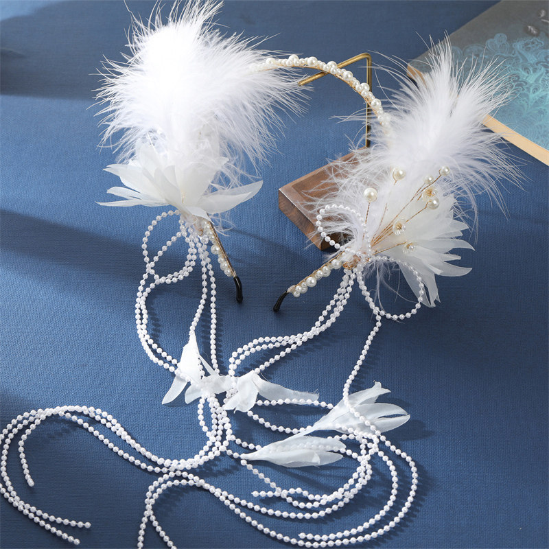 古装手工原创发冠流苏汉服头饰女古风仙气白色羽毛发饰毛毛发箍