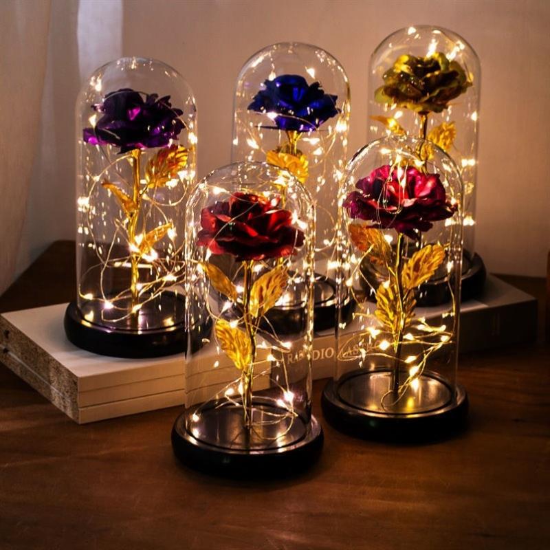 真金箔玫瑰花束彩金玫瑰花水晶玫瑰花摆件彩色玫瑰永生花玻璃罩