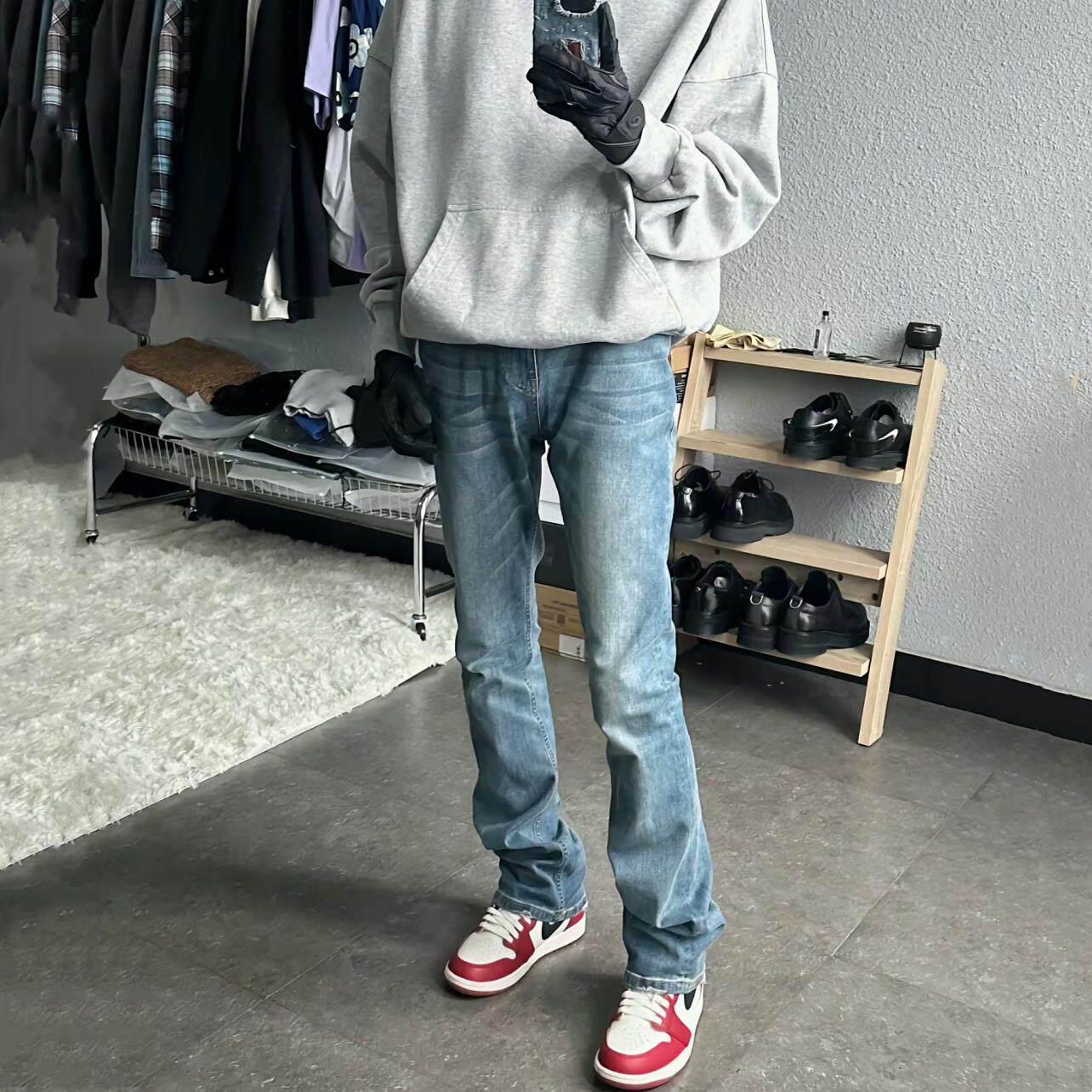 欧美FOG重磅水洗浅蓝色做旧 修身直筒微喇叭弹力覆古牛仔长裤裤男
