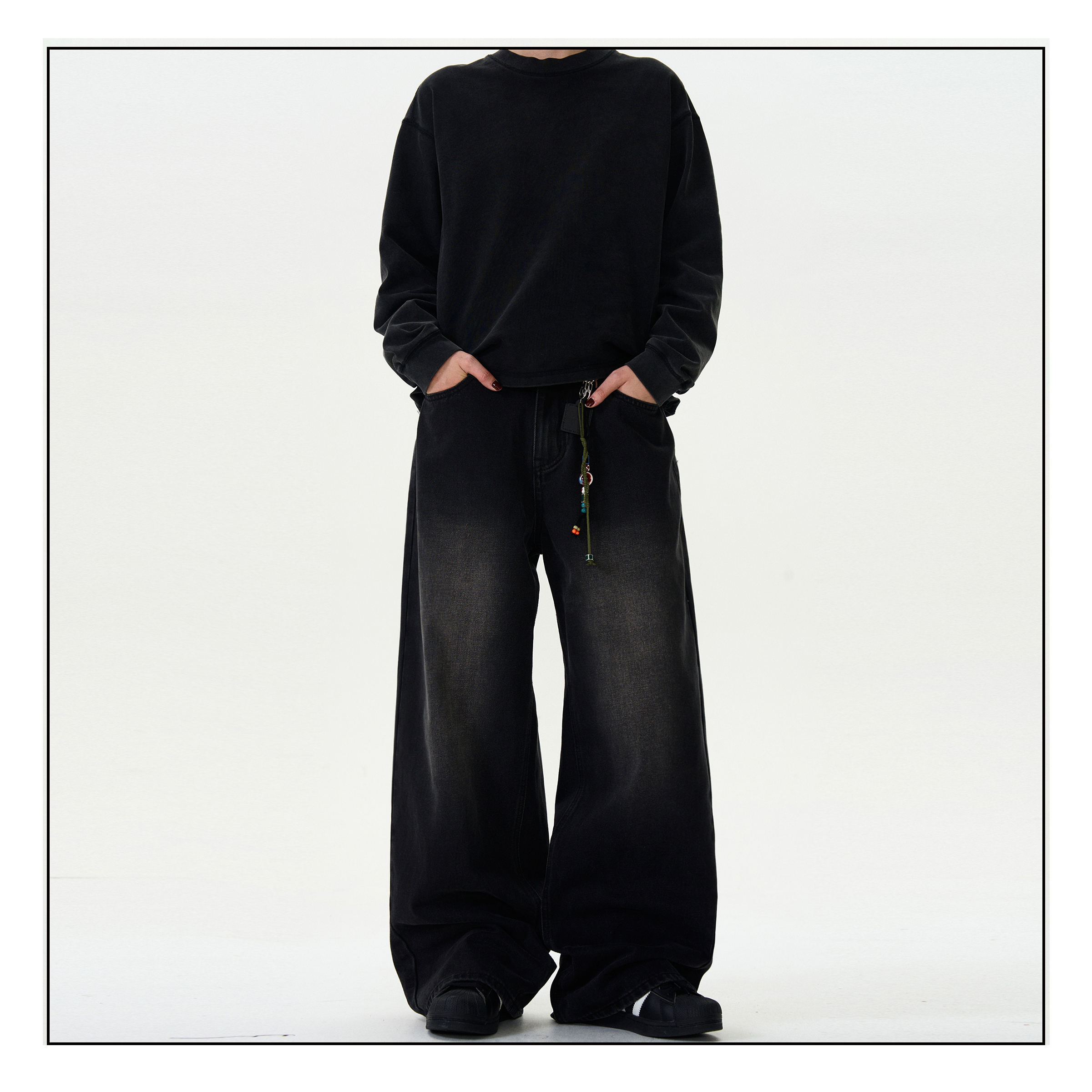 MADWITCH复古水洗bootcut牛仔裤男女宽松休闲阔腿直筒黑色裤子ins