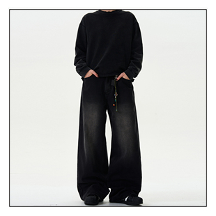 MADWITCH复古水洗bootcut牛仔裤男女宽松休闲阔腿直筒黑色裤子ins