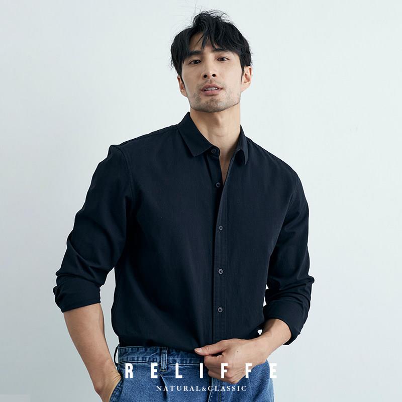 绅士轻熟高级感小众纯棉黑色衬衫休闲 商务修身白衬衣男士长袖上