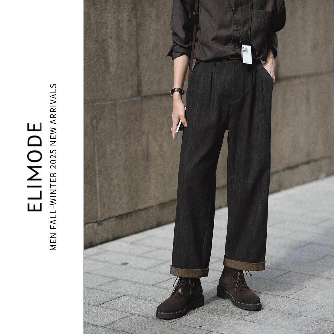 ELI【绿皮书】春夏亚麻混纺复古休闲牛仔裤简约直筒长裤男黑茶色