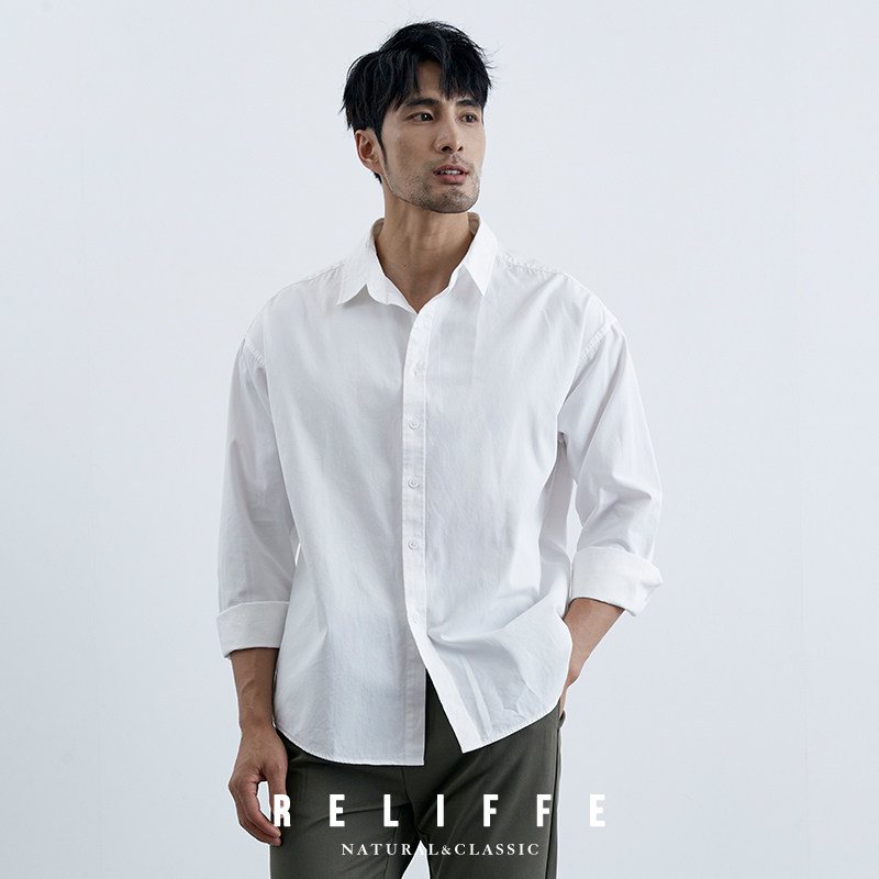 【柔软天丝】设计感美式宽松衬衫男长袖外套休闲纯棉白色衬衣春秋
