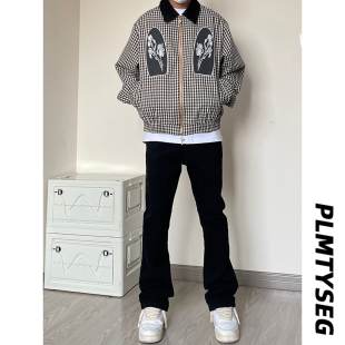 qtstudio微喇黑色牛仔裤男大码直筒喇叭美式高街修身薄款裤子秋季