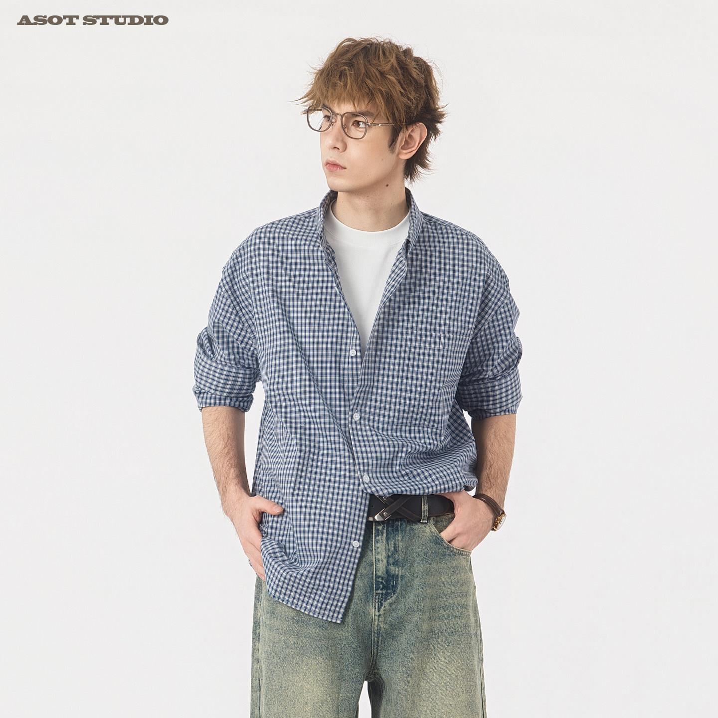 ASOT 复古蓝色格子衬衫男2026春季微宽松落肩纯棉长袖休闲衬衣女