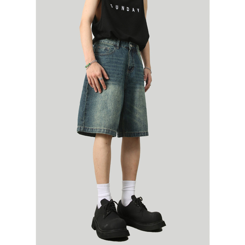 M7 夏季clean fit复古做旧直筒牛仔短裤男宽松阔腿裤子五分中裤潮