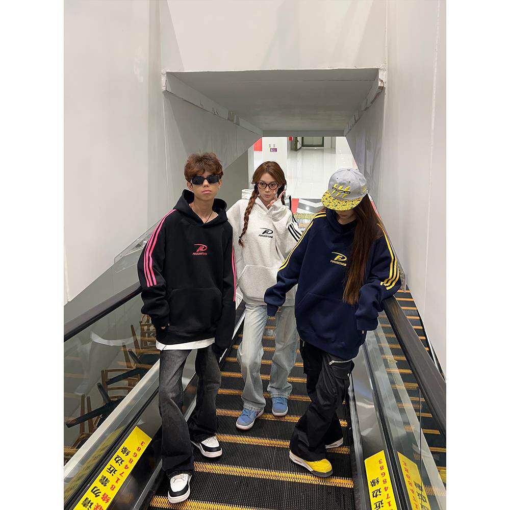 126KID 原创美式复古字母刺绣连帽卫衣男女秋季宽松情侣长袖上衣