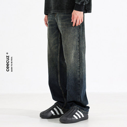 Ceecuz直筒牛仔裤男款美式复古水洗宽松阔腿休闲裤子高个子长裤