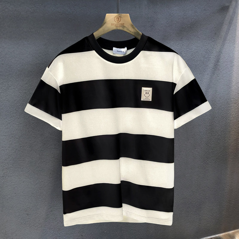 高端重磅黑杏宽格粗条纹潮牌短袖t恤男士美式复古半袖体恤男衣服