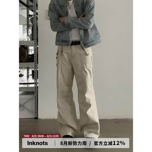 INKNOTS美式复古宽松直筒工装裤男女水洗做旧多口袋街头休闲长裤