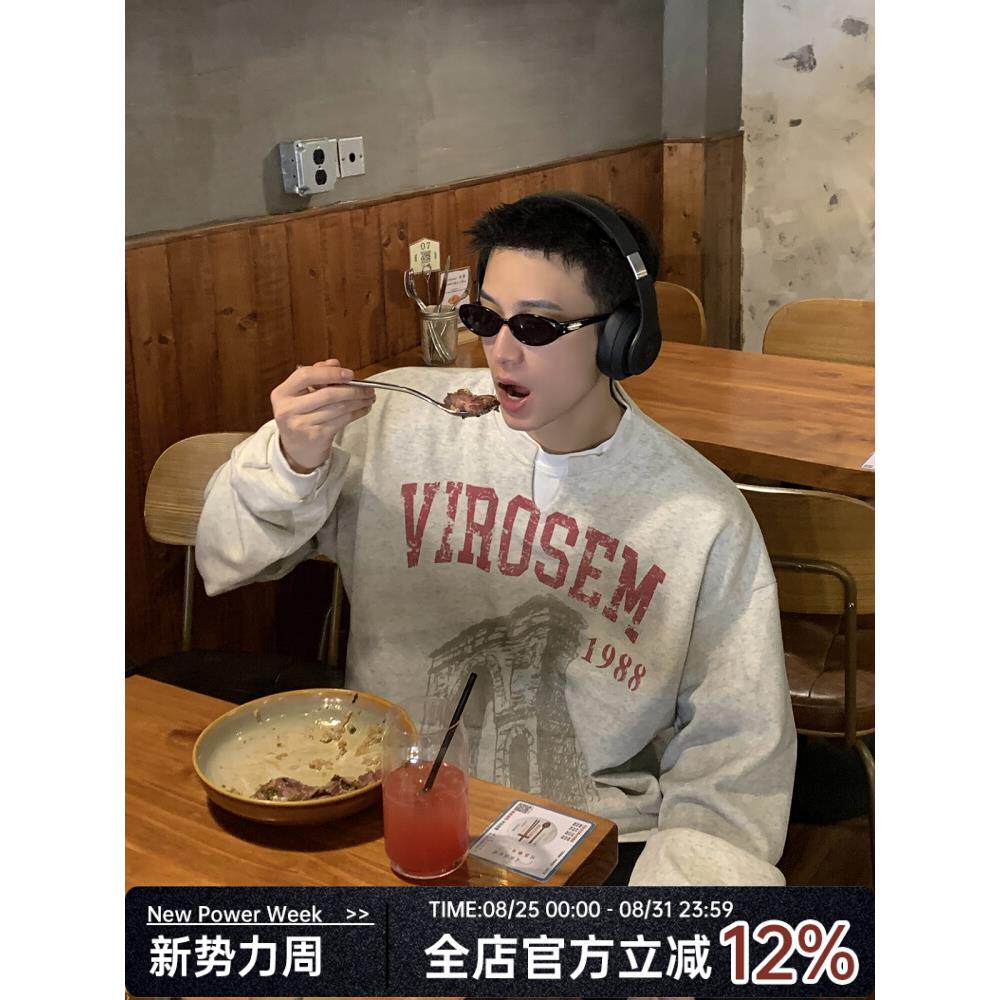 PLTH*领口假两件做旧印花宽松美式复古休闲百搭长袖秋季卫衣男女