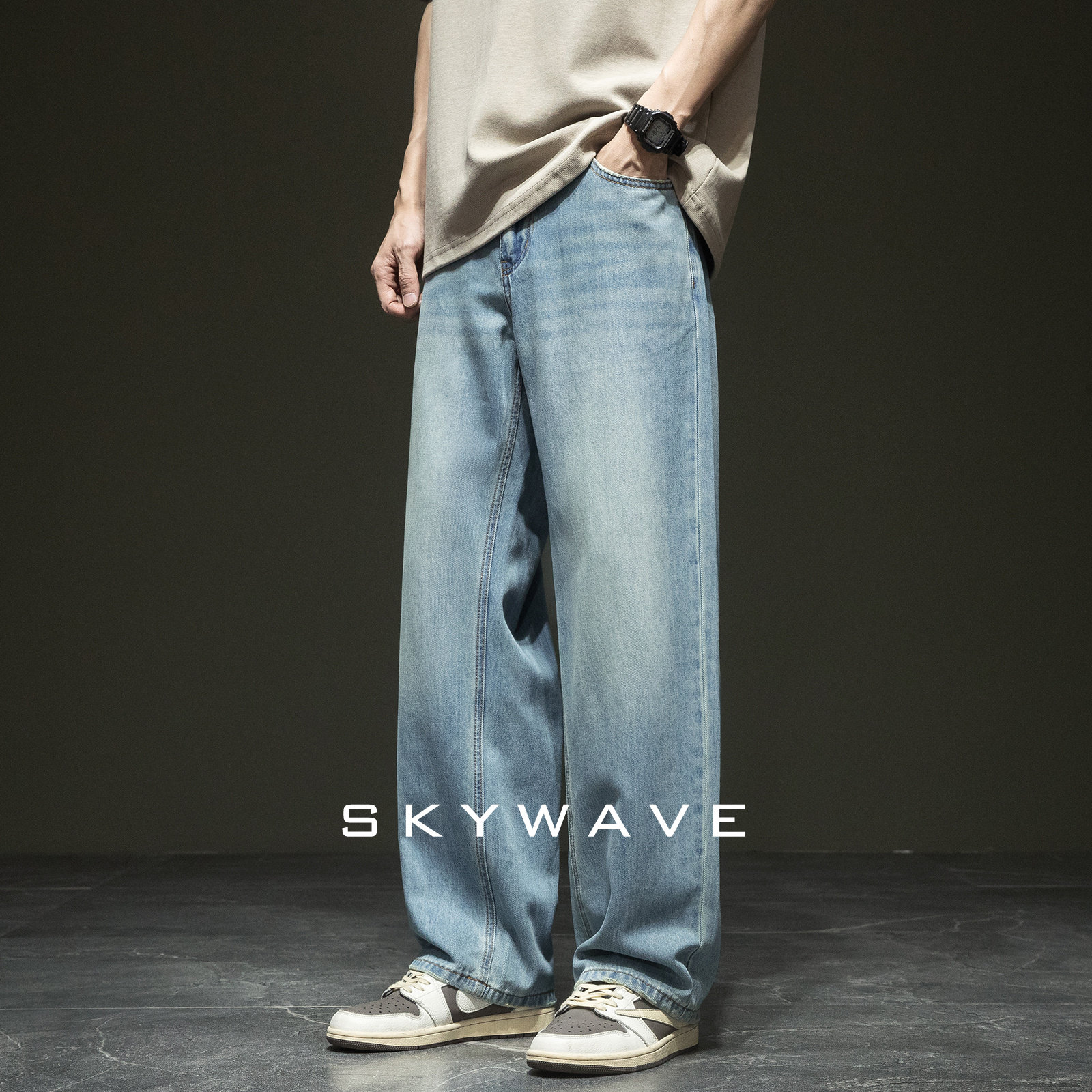 高端天丝莱赛尔牛仔裤男士直筒美式新款宽松大码夏季阔腿休闲裤子