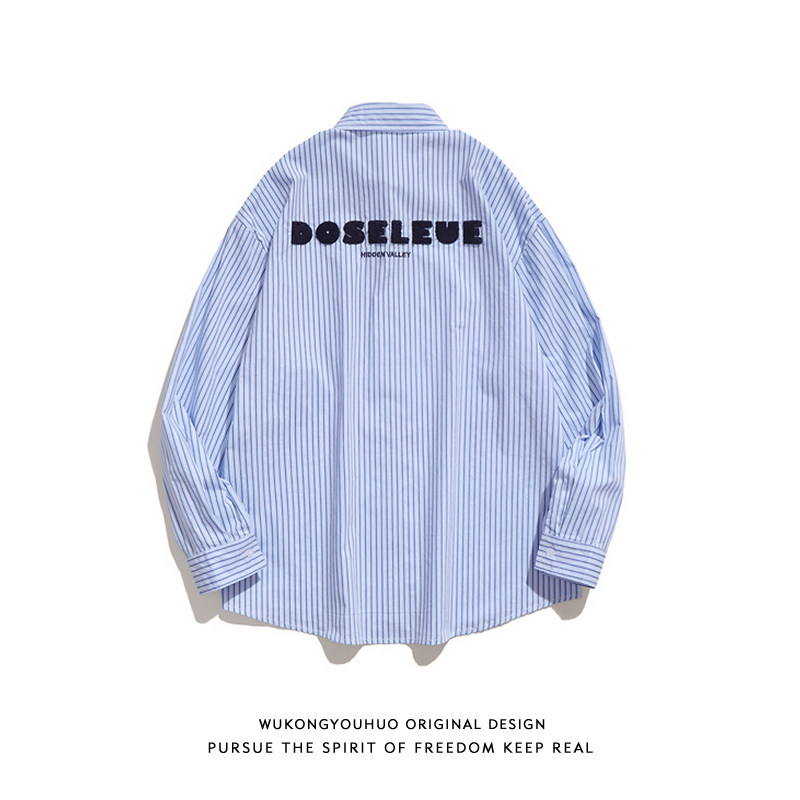 悟空有货复古字母植绒条纹长袖衬衫男女潮牌街头宽松情侣休闲衬衣