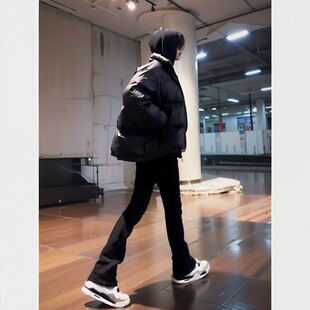 美式vibe裤子高街痞帅潮牌微喇黑色牛仔裤男款显瘦弯刀修身直筒裤