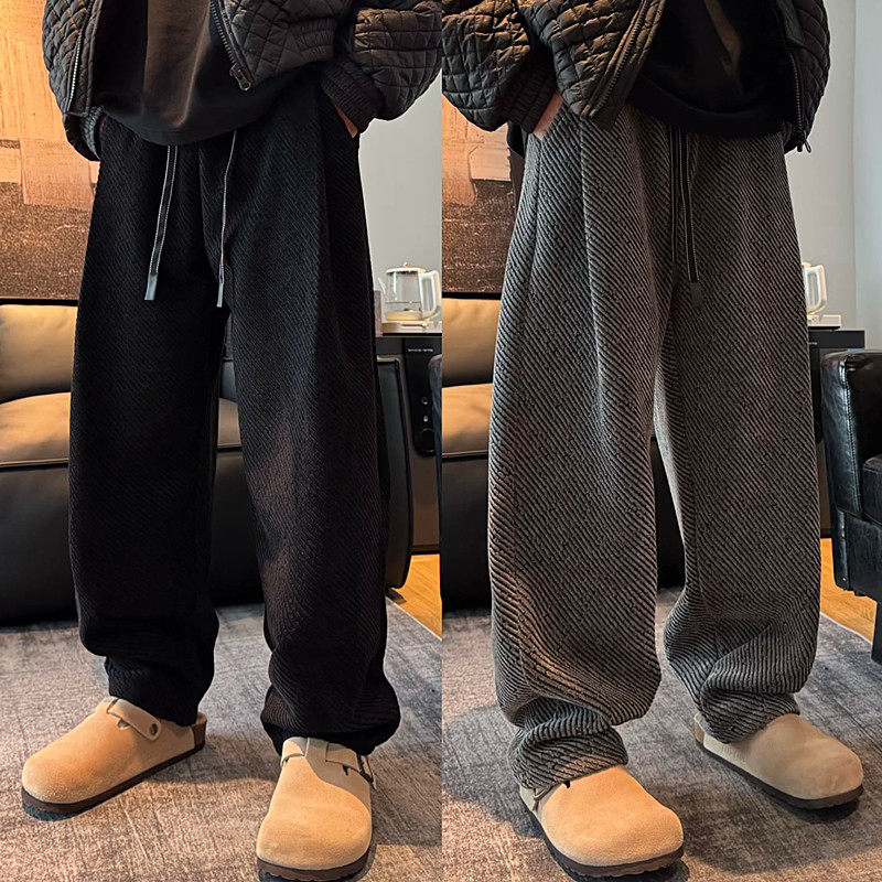 秋冬慵懒风斜条纹加绒阔腿休闲裤男潮牌宽松显瘦垂感拖地直筒长裤