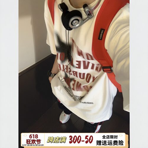 GTGA夏季美式复古星星字母印花T恤潮牌高街宽松男女情侣短袖