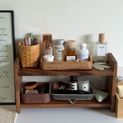 高级感黑胡桃木化妆品小型收纳架桌面杂物整理双层护肤品置物架